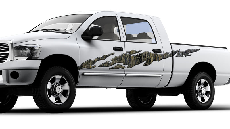 ripper marshland camo decal on the side of white truck
